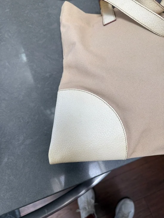 Prada Beige Canvas Shoulder Tote Bag Leather Corners and Handles - Picture 9 of 16